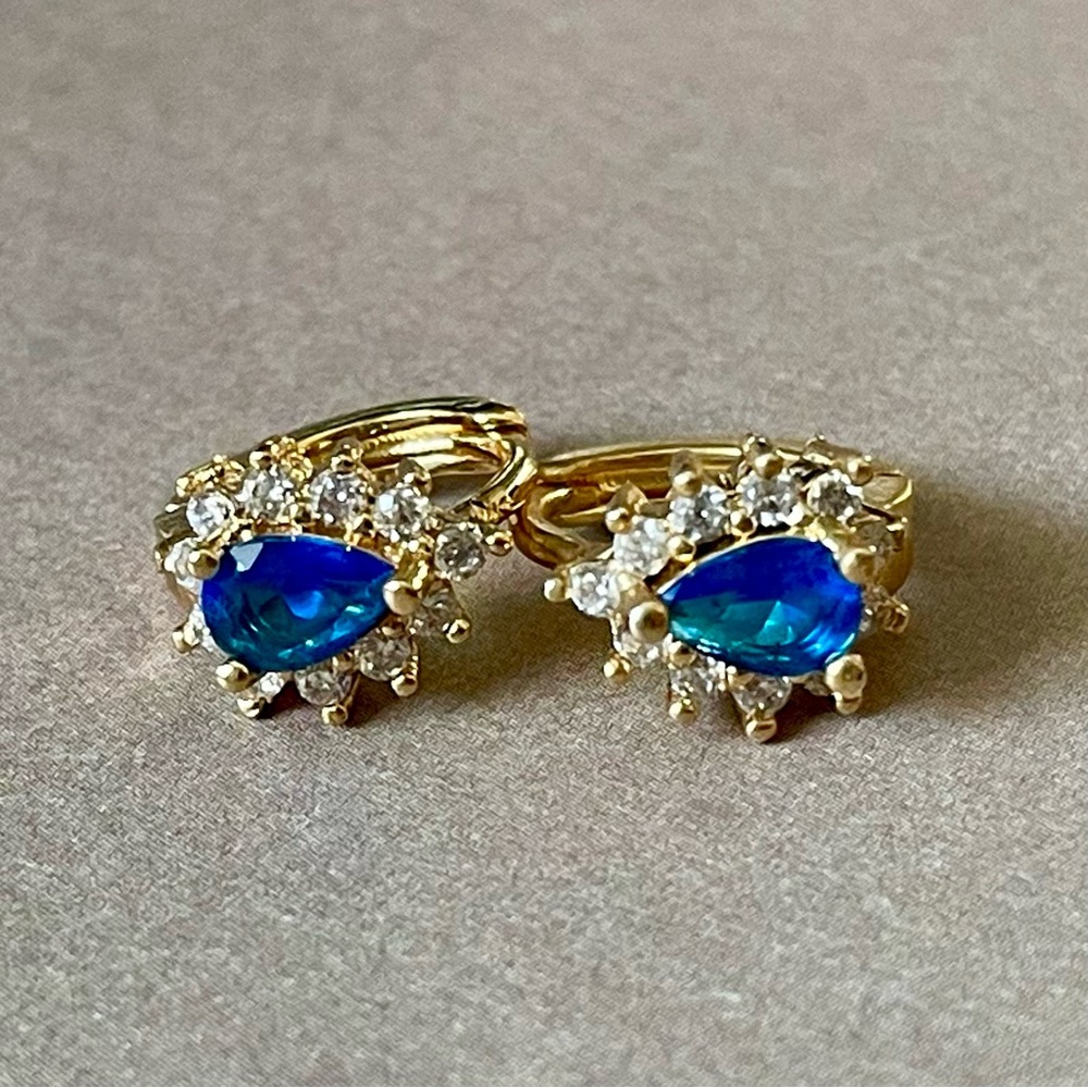 Vintage Blue Teardrop Crystal Gold Hoop Earrings